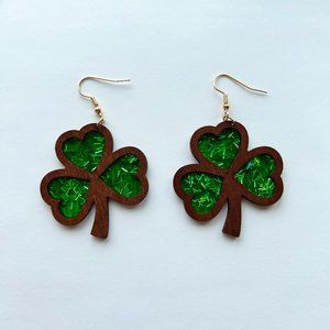 St. Patricks Day Dark Green Shamrock 3 Leaf Clover Resin Wood Earrings